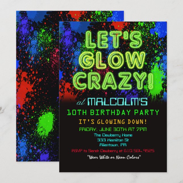 Invitation d'anniversaire Glow Party pour tout âge (Devant / Derrière)