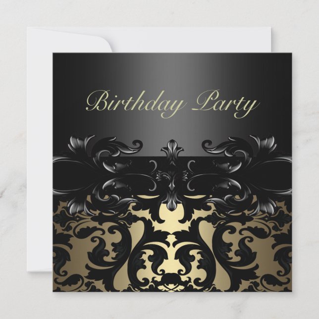 Invitation d'anniversaire Gold/Black Damask (Devant)