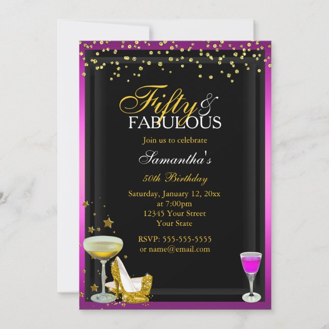 Invitation d'anniversaire Gold & Pink 50 & Fabuleu (Devant)