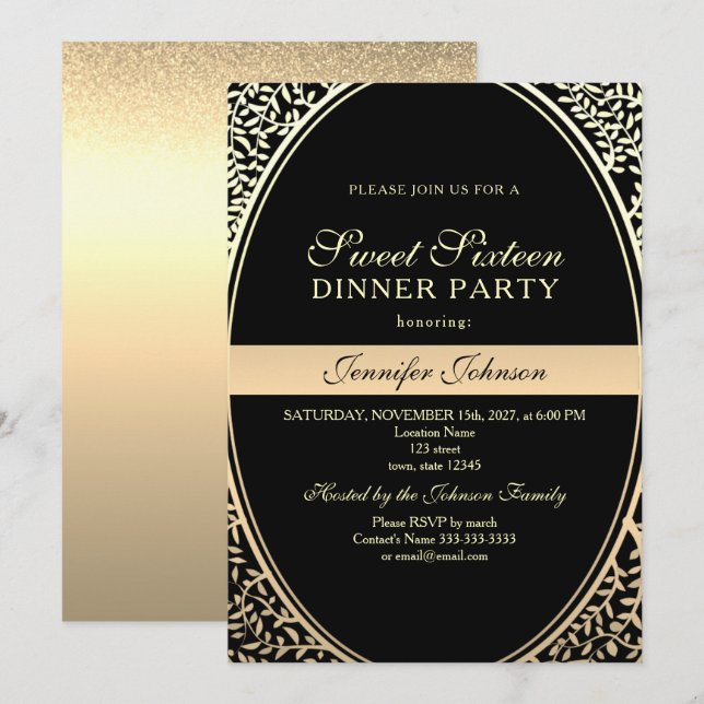 Invitation d'anniversaire Gold Sweet 16 (Devant / Derrière)