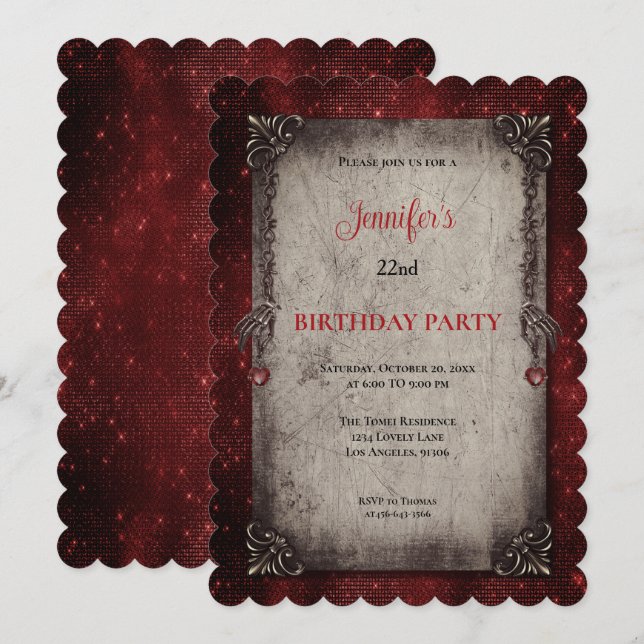 Invitation d'anniversaire gothique rouge foncé (Devant / Derrière)