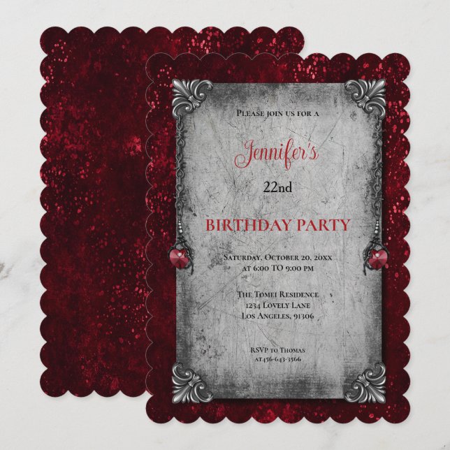 Invitation d'anniversaire gothique rouge foncé (Devant / Derrière)