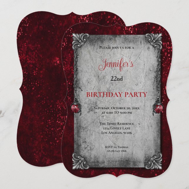 Invitation d'anniversaire gothique rouge foncé (Devant / Derrière)