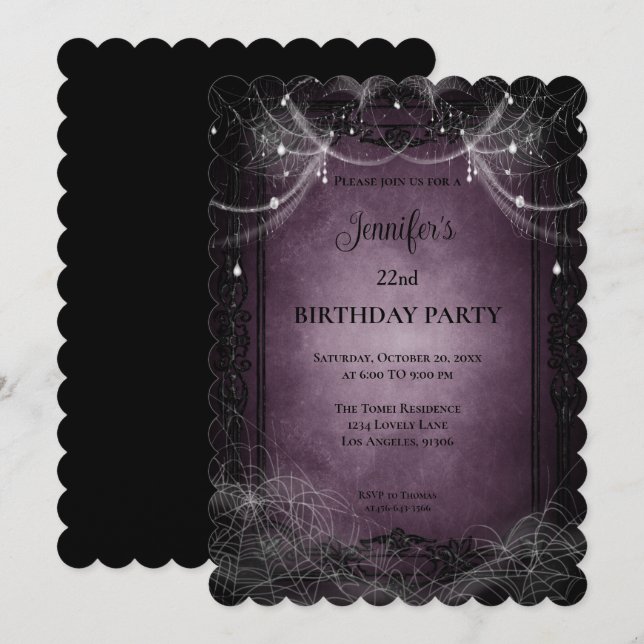 Invitation d'anniversaire gothique violet foncé (Devant / Derrière)