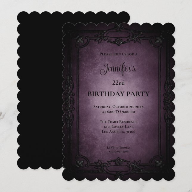 Invitation d'anniversaire gothique violet foncé (Devant / Derrière)