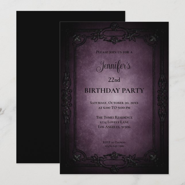 Invitation d'anniversaire gothique violet foncé (Devant / Derrière)