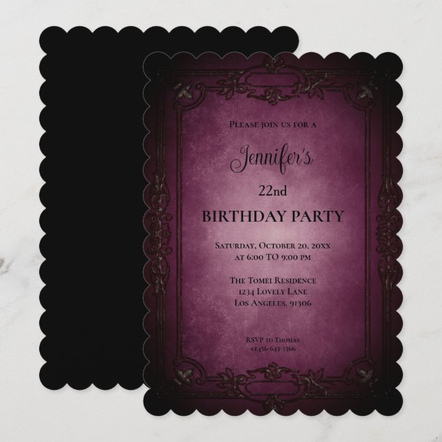 Invitation d'anniversaire gothique violet foncé (Devant / Derrière)