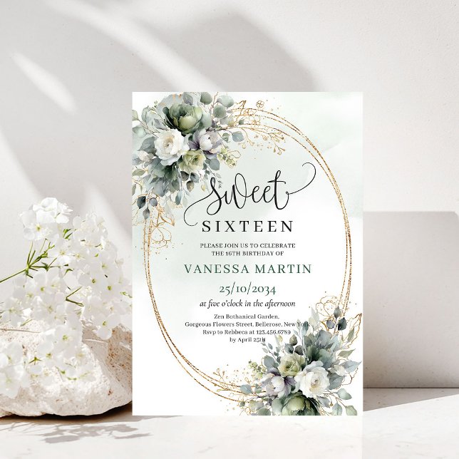 Invitation d'anniversaire Greenery Botanical Gold  (Greenery Botanical Gold Sweet 16 Birthday Invitation)
