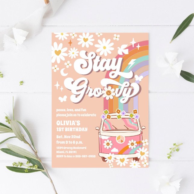 Invitation d'anniversaire Groovy Retro Daisy (Créateur téléchargé)