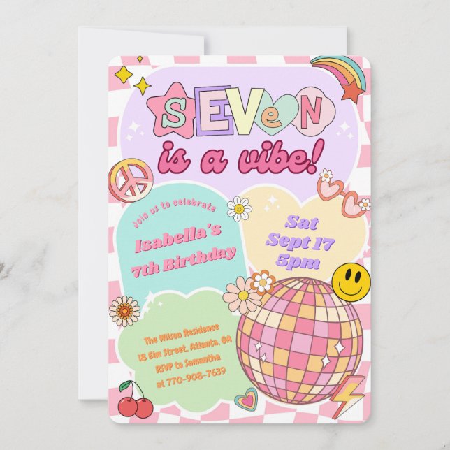 Invitation d'anniversaire Groovy Vibe Retro Girl 7 (Devant)