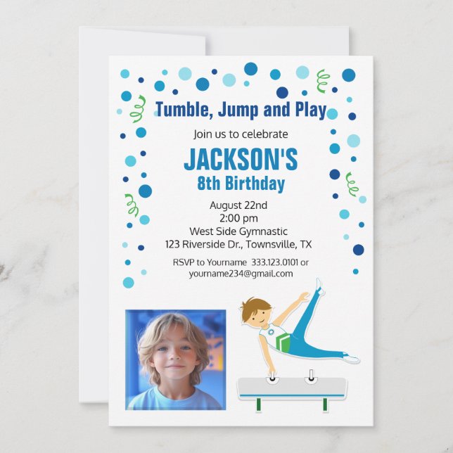 Invitation d'anniversaire gymnastique pour garçon (Devant)