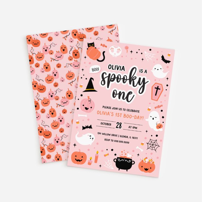 Invitation d'anniversaire Halloween 1ère année ros (White BG Pink and Orange Halloween 1st Birthday Invitation)