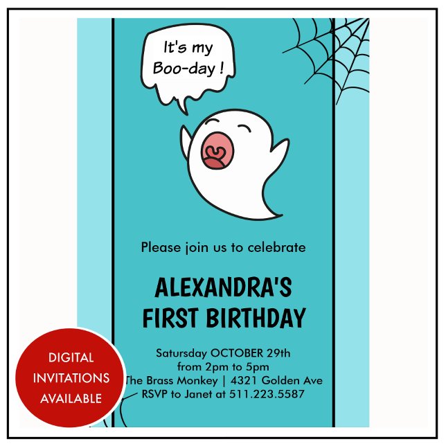 Invitation d'anniversaire Halloween 1ère année toi (halloween-1st-birthday-invitations-spider-web-ghost-1)