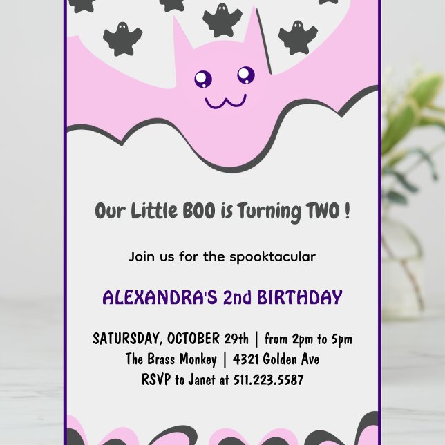 Invitation d'anniversaire Halloween 2 ans Petit fa (halloween-2nd-birthday-invitation-Ghost-Little-boo-pink-purple-1)