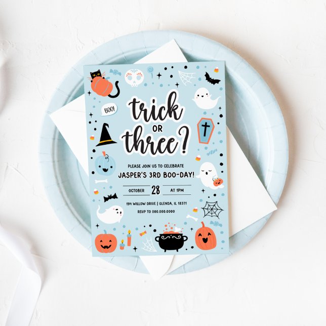 Invitation d'anniversaire Halloween 3 ans bleu et  (Blue and Orange Halloween 3rd Birthday Invitation )