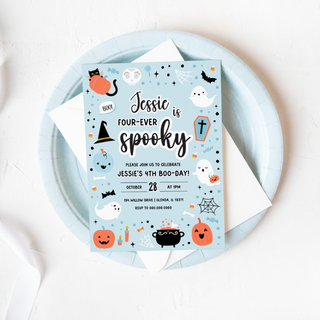 Invitation d'anniversaire Halloween 4 ans bleu et  (Blue and Orange Halloween 4th Birthday Invitation )