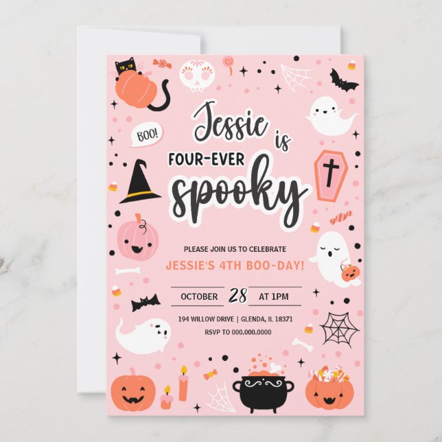 Invitation d'anniversaire Halloween 4 ans rose et  (Devant)