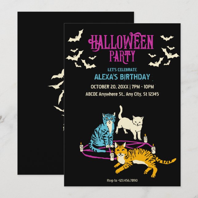 Invitation d'anniversaire Halloween culte de chat  (Devant / Derrière)