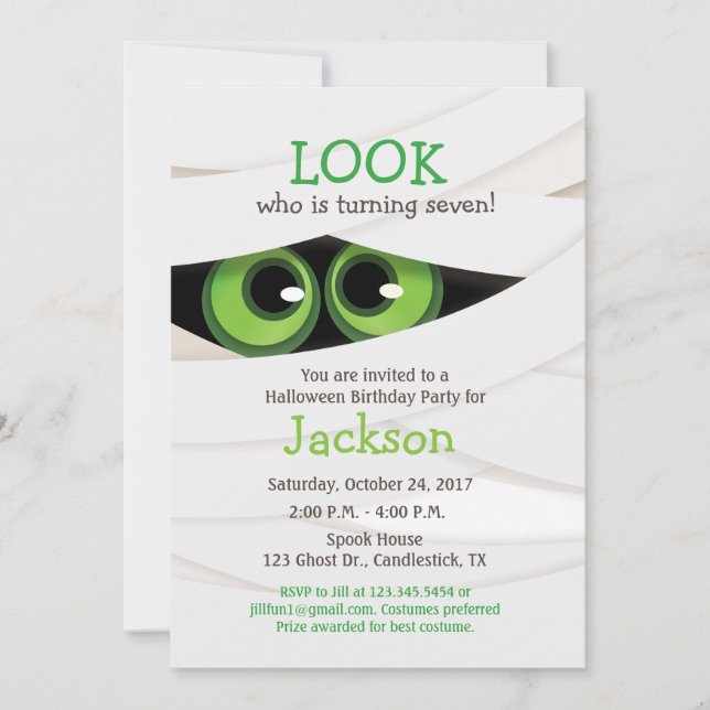 Invitation d'anniversaire Halloween de momie (Devant)