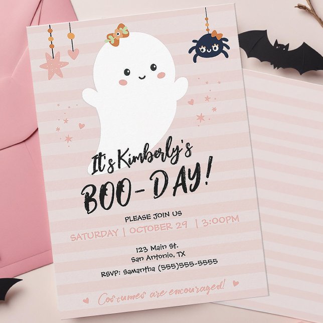 Invitation d'anniversaire Halloween fantôme Kawaii (Cute Pink Boo-day Halloween Birthday Party Invitation)
