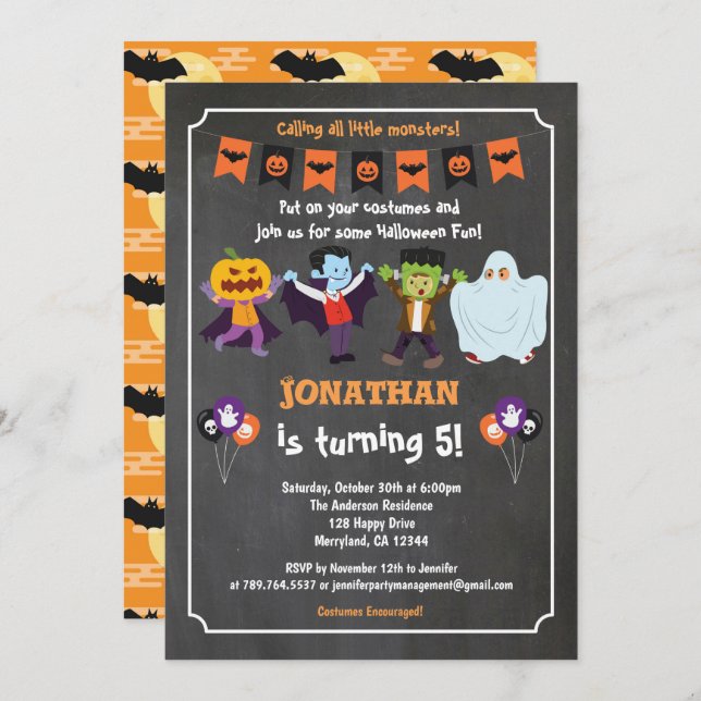 Invitation d'anniversaire Halloween pour enfant ta (Devant / Derrière)