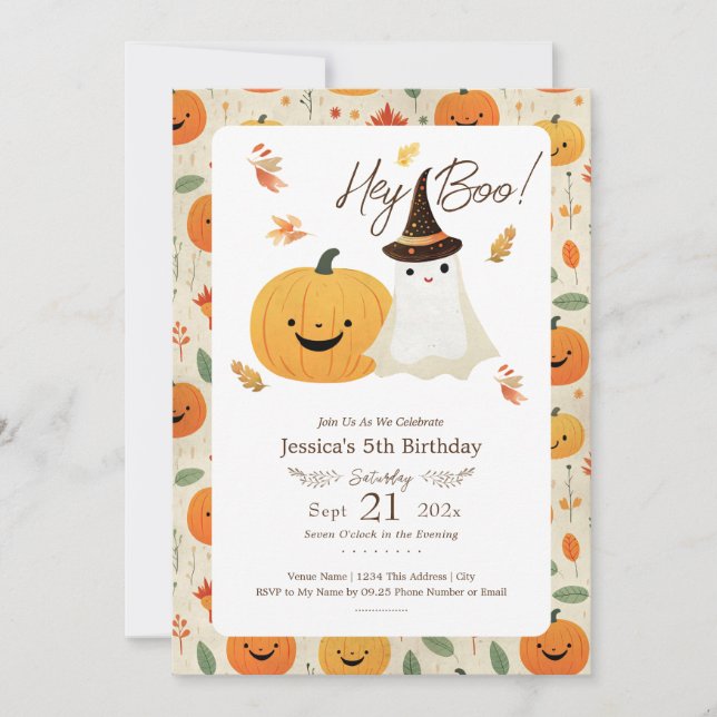 Invitation d'anniversaire Hey Boo Halloween 5 ans (Devant)