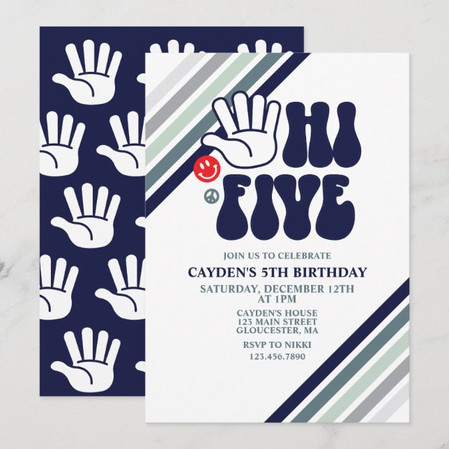 Invitation d'anniversaire Hi Five Rayures Rétro (Devant / Derrière)