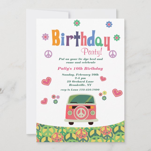 Invitation d'anniversaire Hippie (Devant)