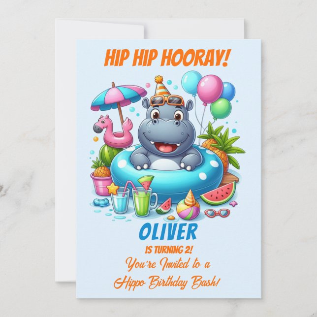 Invitation d'anniversaire Hippo Pool Party HipHip  (Devant)