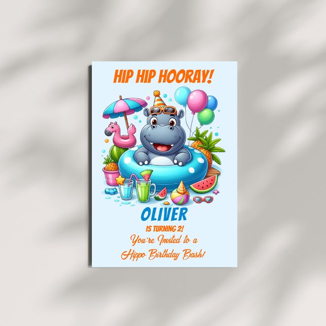 Invitation d'anniversaire Hippo Pool Party HipHip  (Créateur téléchargé)