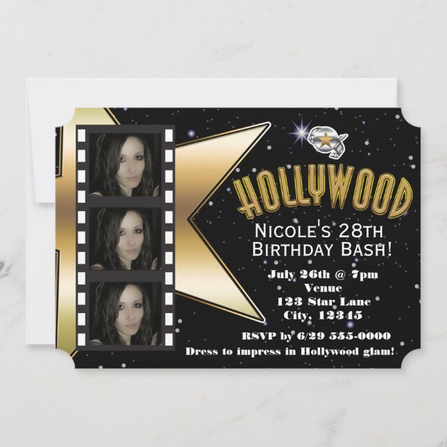 Invitation d'anniversaire Hollywood Noir & Or avec (Devant)
