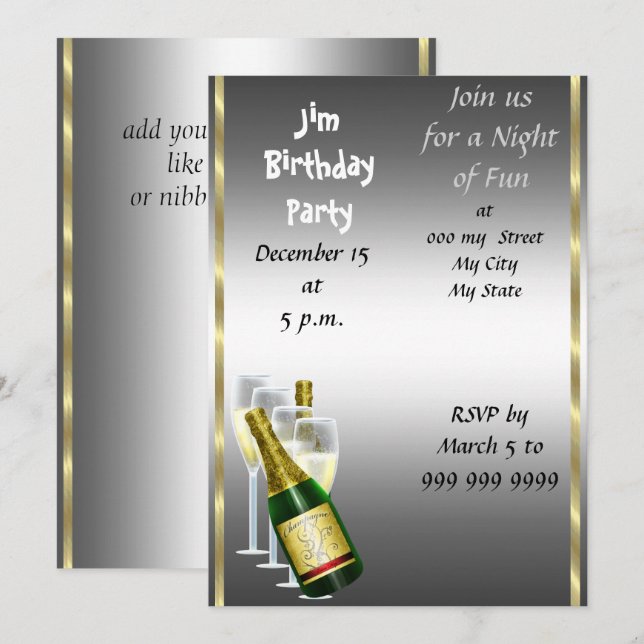 Invitation d'anniversaire homme argent (Devant / Derrière)