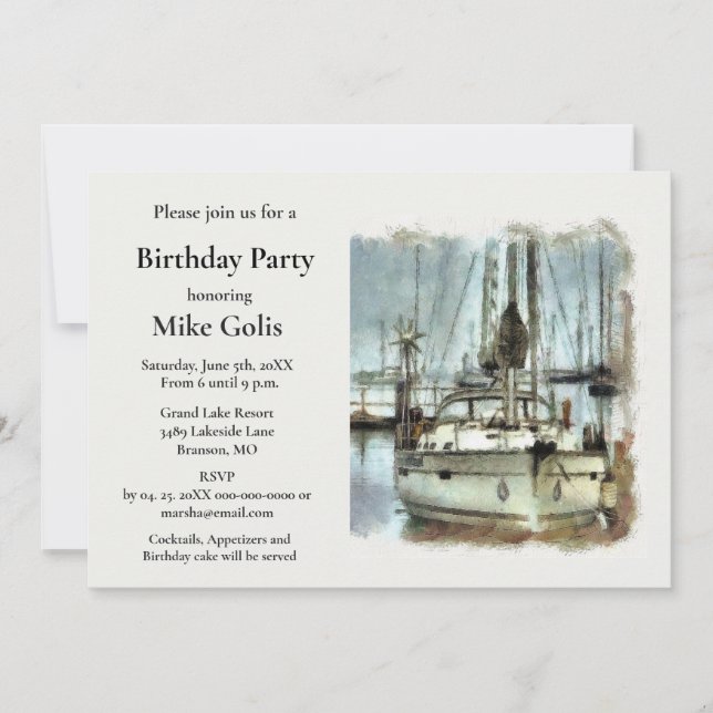 Invitation d'anniversaire homme bateau aquarelle v (Devant)