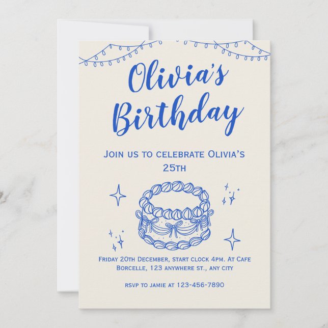 Invitation d'anniversaire illustrative Bleu Beige (Devant)