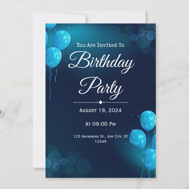 Invitation d'anniversaire illustrative bleu foncé (Devant)