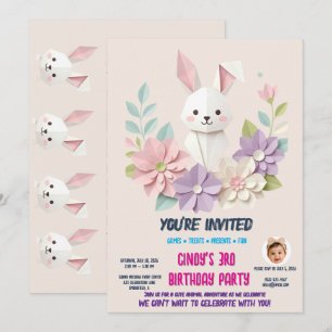 Invitation d'anniversaire jolie lapin en origami