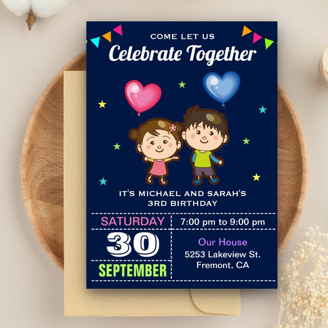 Invitation d'anniversaire jumeaux garçon et fille  (Créateur téléchargé)