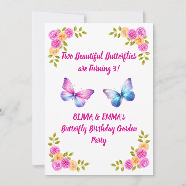 Invitation d'anniversaire jumelles papillon | Fill (Devant)