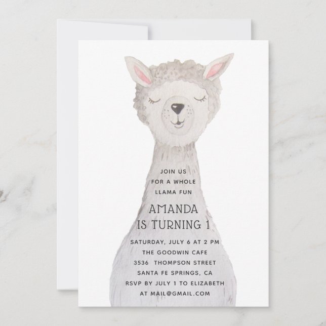 Invitation d'anniversaire lama aquarelle mignonne  (Devant)