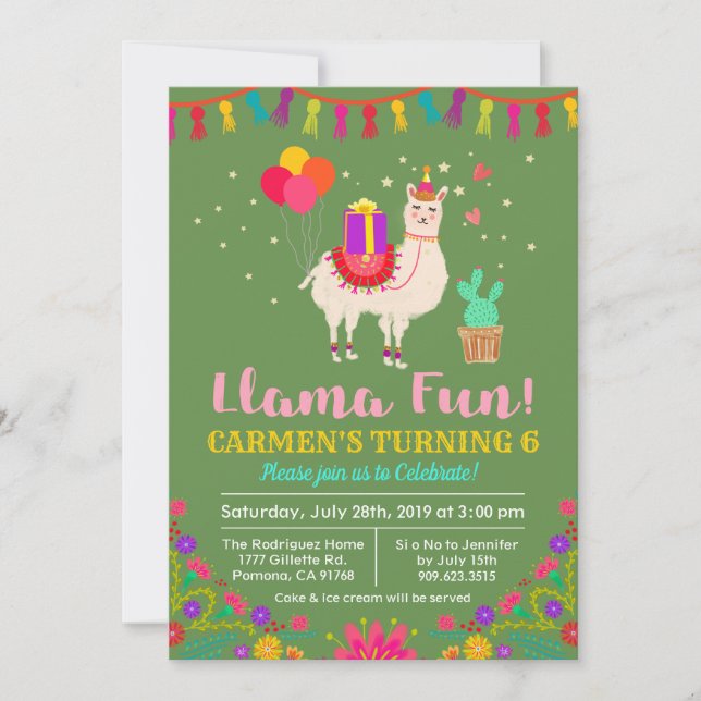 Invitation d'anniversaire lama - TOUTE COULEUR (Devant)