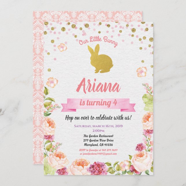 Invitation d'anniversaire lapin de Pâques pour fil (Devant / Derrière)