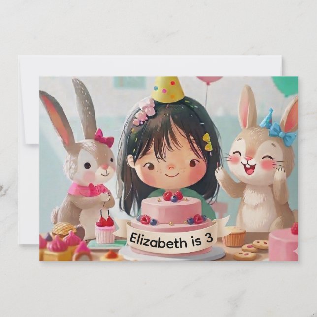 Invitation d'anniversaire Lapin Mignon pour Filles (Devant)