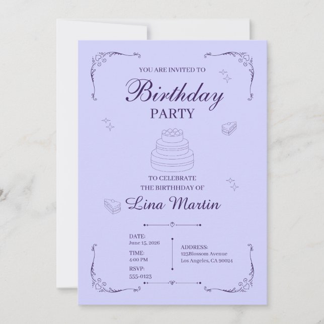 Invitation d'anniversaire lavande (Devant)