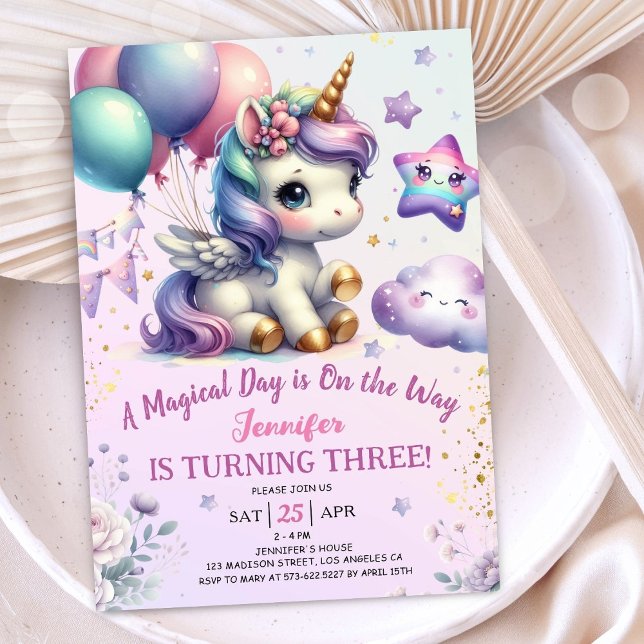 Invitation d'anniversaire Licorne 3 ans Fille Viol (#UnicornBirthdayInvitation #UnicornBirthdayInvitationTemplate #UnicornBirthdayInvitationEditable)