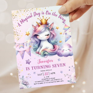 Invitation d'anniversaire Licorne 7 ans Fille Rose
