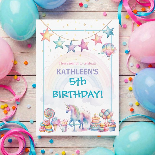 Invitation d'anniversaire Licorne Aquarelle Pastel (Créateur téléchargé)