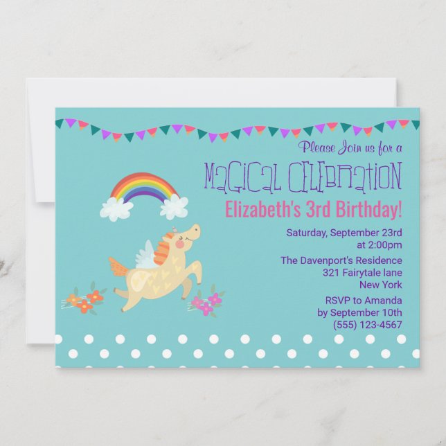 Invitation d'anniversaire Licorne Arc-en-ciel et N (Devant)