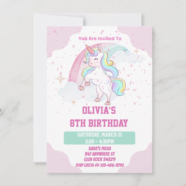 Invitation d'anniversaire licorne arc-en-ciel et p (Devant)