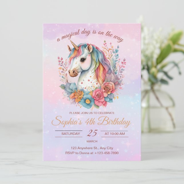 Invitation d'anniversaire Licorne Arc-en-ciel Fill (Debout devant)