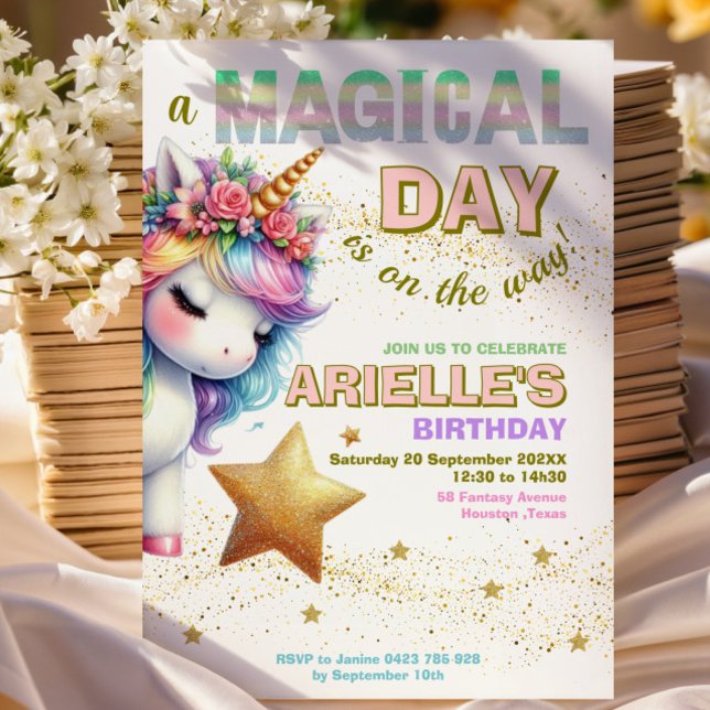 Invitation d'anniversaire licorne arc-en-ciel pail (Créateur téléchargé)